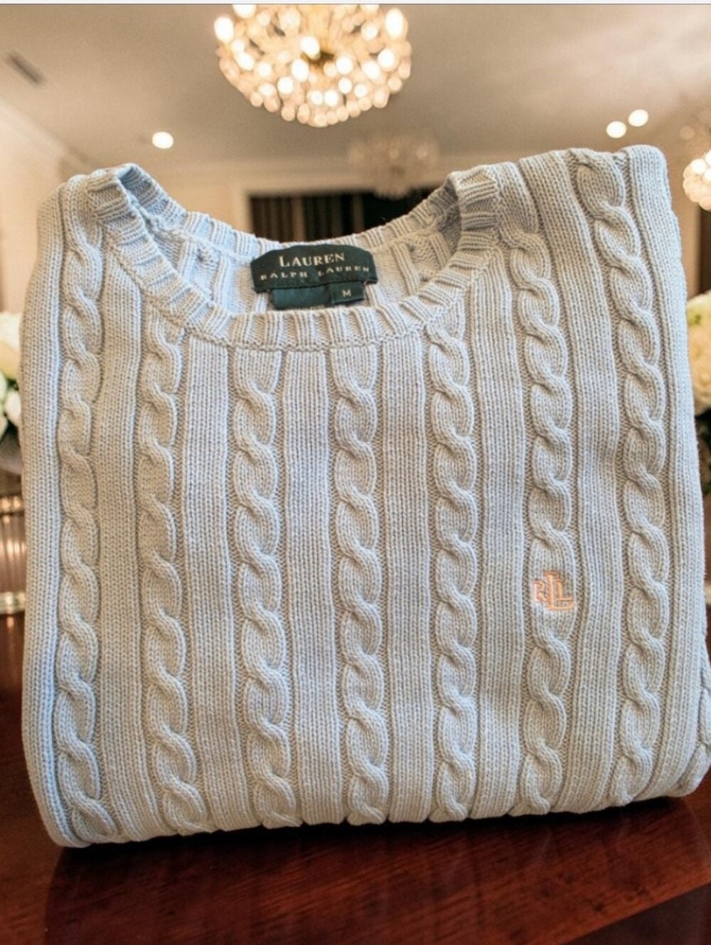 Ralph Lauren Light Blue Women's Cable-Knit Crew Neck Sweater Size-M